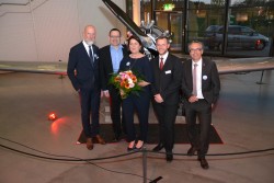 Die Gastgeber des Abends: Dr. Norbert Reuther (BSB), Thomas Kinz (Pfänderbahn), Michaela Rothe (Bus Blickpunkt), Philipp Lindner (Dornier Museum) und Franz Petzold (Insel Mainau)